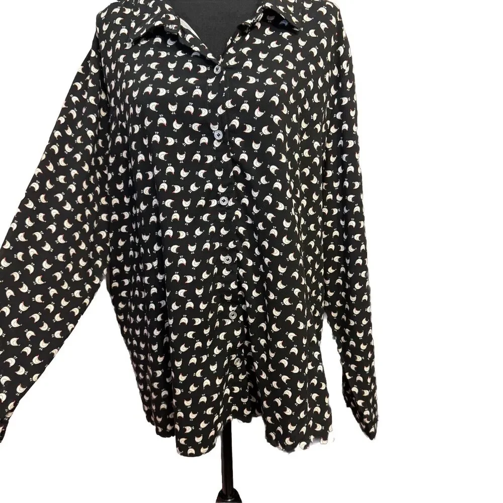 Cloth & Portrait Top XXL Womens Button Up Chicken Novelty Print Farmcore Office - Picture 3 of 8